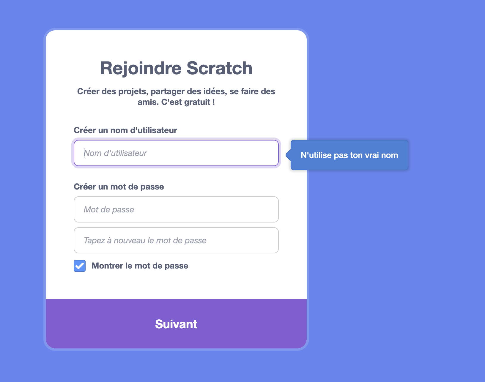 Formulaire inscription Scratch : nom d'utilisateur et mot de passe