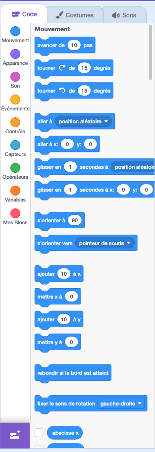 Palette de blocs Scratch — catégories colorées